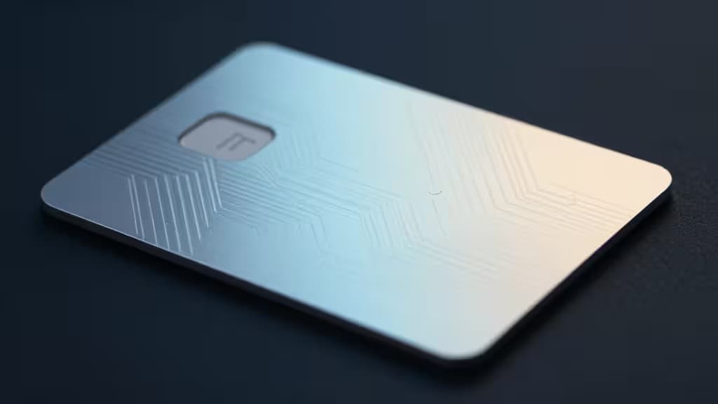 Sleek metallic card wallet with NFC traces rests on dark surface, embodying affordable 2026 crypto security.