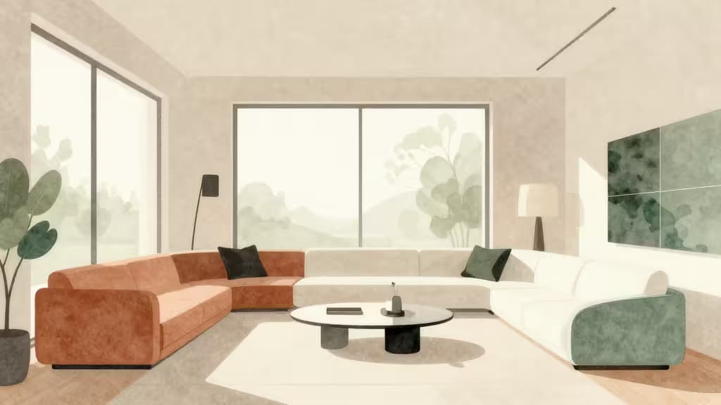 Modulaire sofa in terracotta and sage velvet, minimalist coffee table, large windows framing greenery, editorial interior design aesthetic.