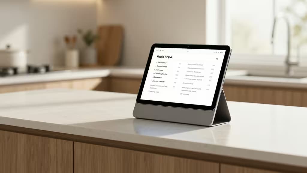 A modern kitchen counter with a smart display showing a recipe in soft natural light