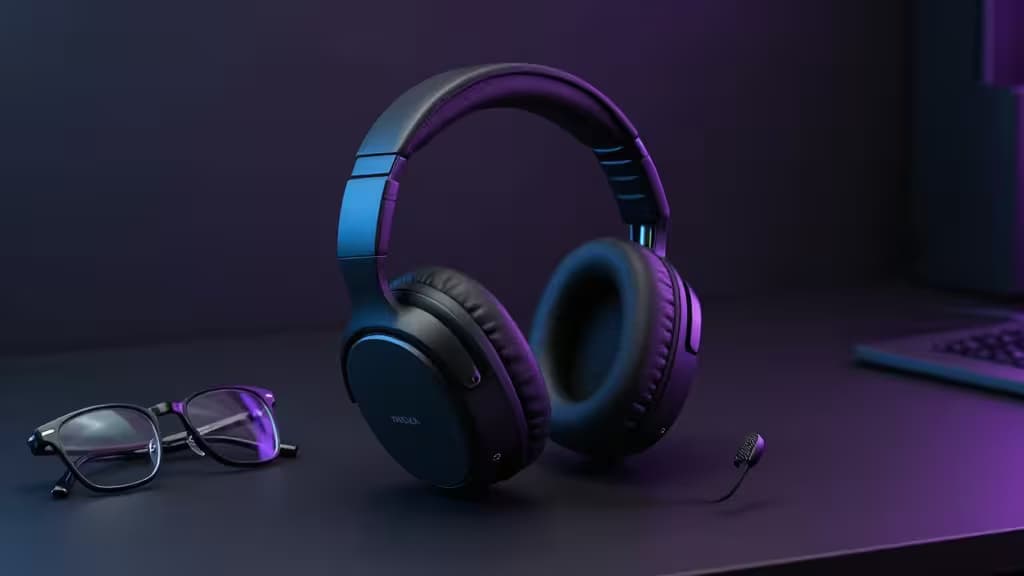 Auricular gaming over-ear negro con orejeras de felpa junto a unas gafas de pasta sobre un escritorio oscuro, iluminado con luz ambiental púrpura.