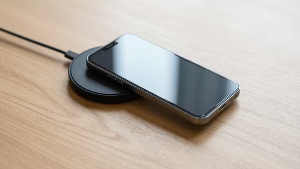 Ein schwarzes iPhone ruht auf einem kompakten kabellosen Ladepad auf einem hellen Holztisch.