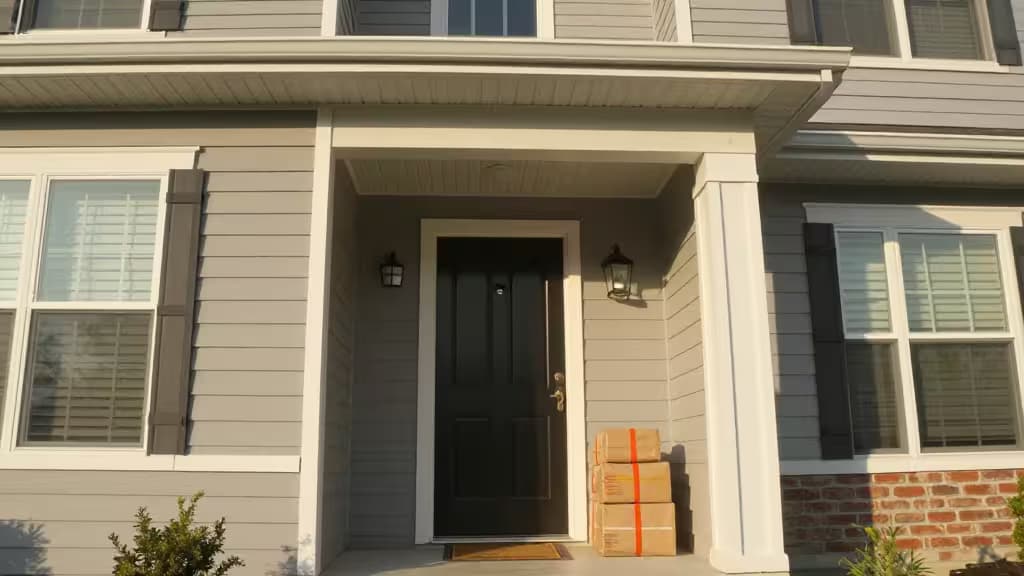 A security camera captures a black front door with stacked packages on the porch.