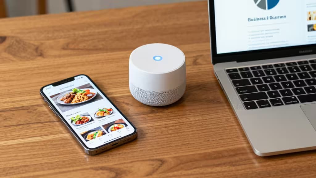 Smartphone affichant des photos de plats, assistant vocal blanc et ordinateur portable avec business plan sur une table en bois.