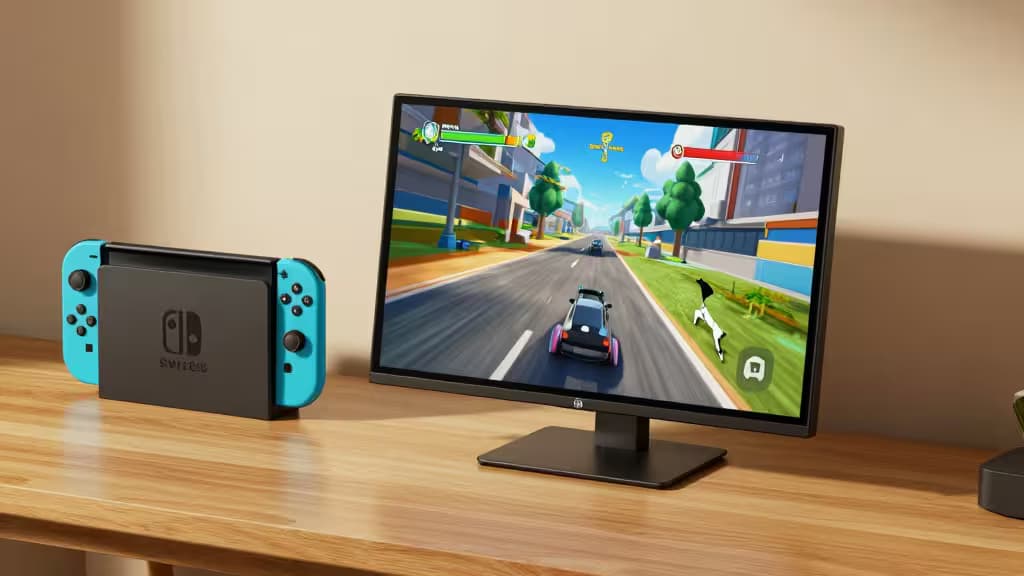 Smukły czarny przenośny monitor wyświetlający grę wyścigową obok konsoli Nintendo Switch na drewnianym biurku.
