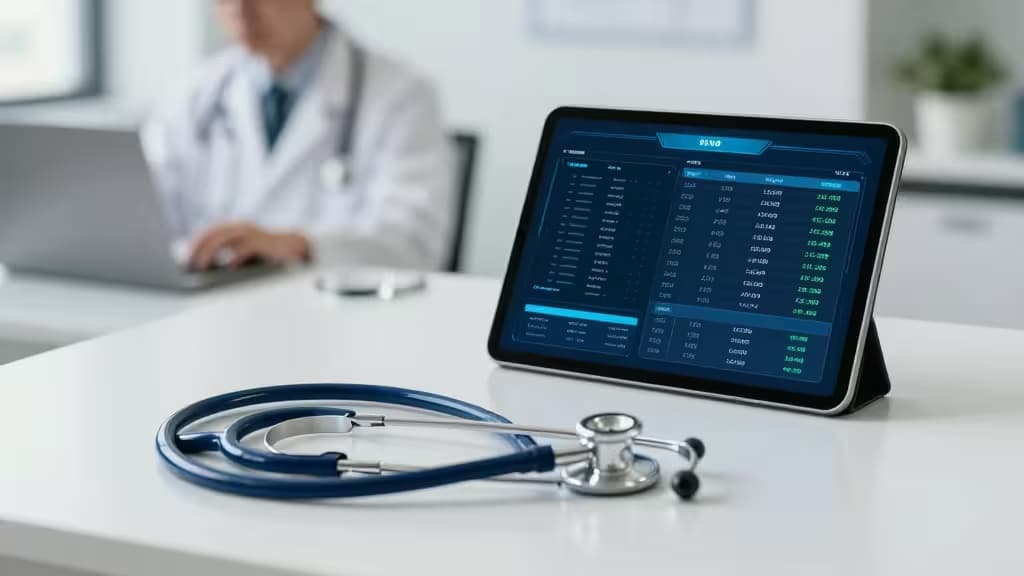 Blue stethoscope rests beside tablet displaying medical coding data on white desk.
