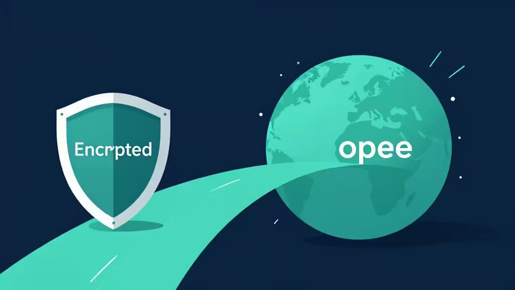 Un bouclier bleu-vert étiqueté « Encrypted » relié à un globe terrestre, symbolisant la connectivité VPN sécurisée et le fractionnement du trafic réseau.