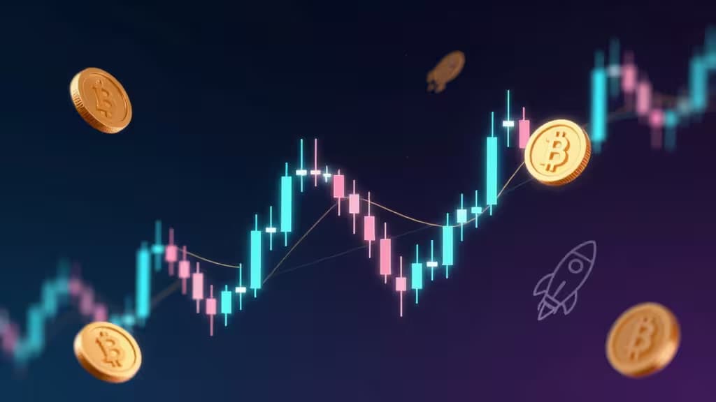 Goldene Bitcoin-Münzen schweben über einem steigenden Kerzendiagramm und symbolisieren das Wachstum des Krypto-Handels und die Dynamik des Meme-Coin-Marktes.