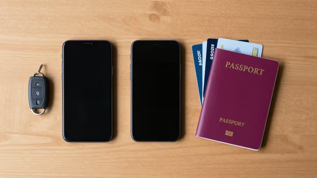 Dos teléfonos negros, una llave de coche, un pasaporte y tarjetas sobre una superficie de madera clara.