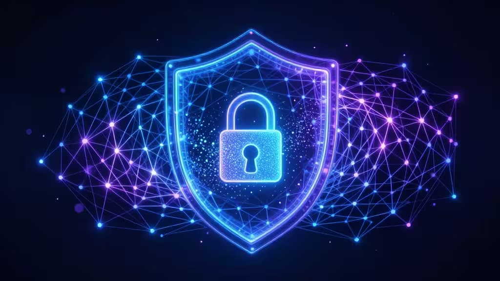 Glowing blue shield with padlock, encased in purple-blue quantum lattice mesh, symbolizing post-quantum encrypted VPN tunnel protection.