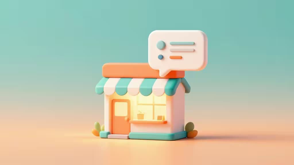 A pastel 3D shop with a glowing chat bubble symbolizes AI customer support for small businesses.