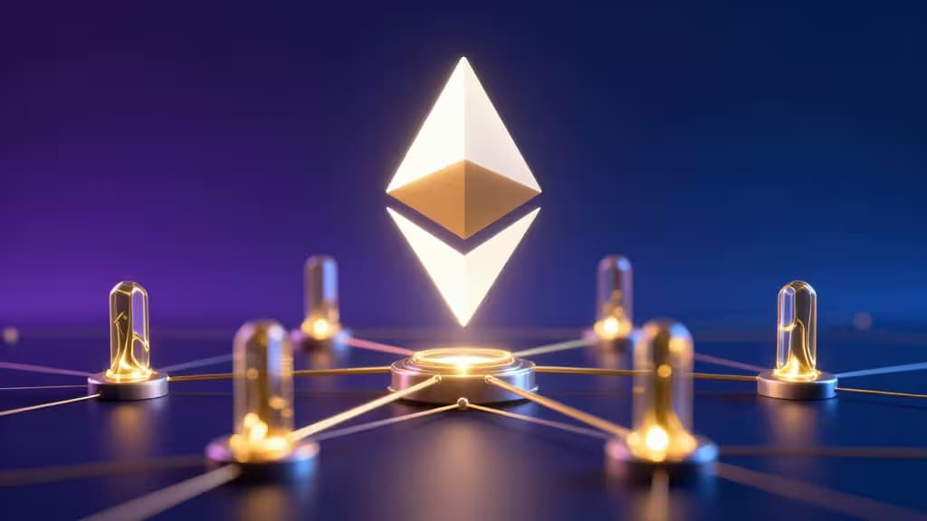 Abstrakte Visualisierung von Ethereum-Restaking: Ein leuchtendes Ethereum-Diamant-Logo schwebt über einem Netzwerk verbundener Knotenpunkte mit goldenen Datenströmen zwischen Validatoren-Säulen auf tiefblauem Hintergrund.