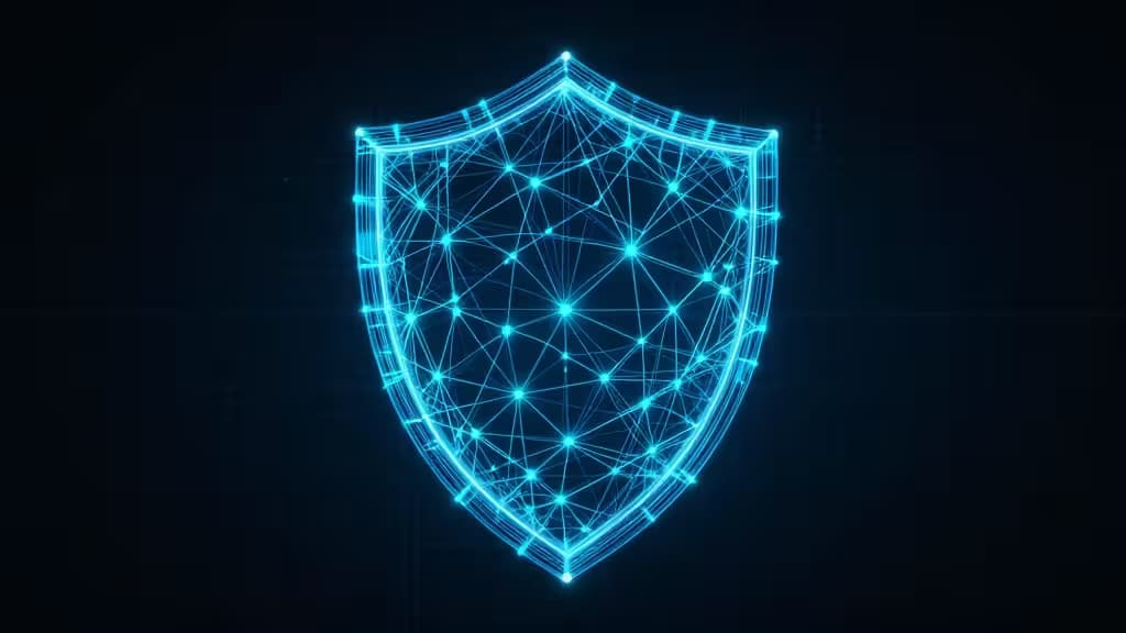 A glowing blue shield composed of interconnected data lines and nodes, set against a dark grid background.