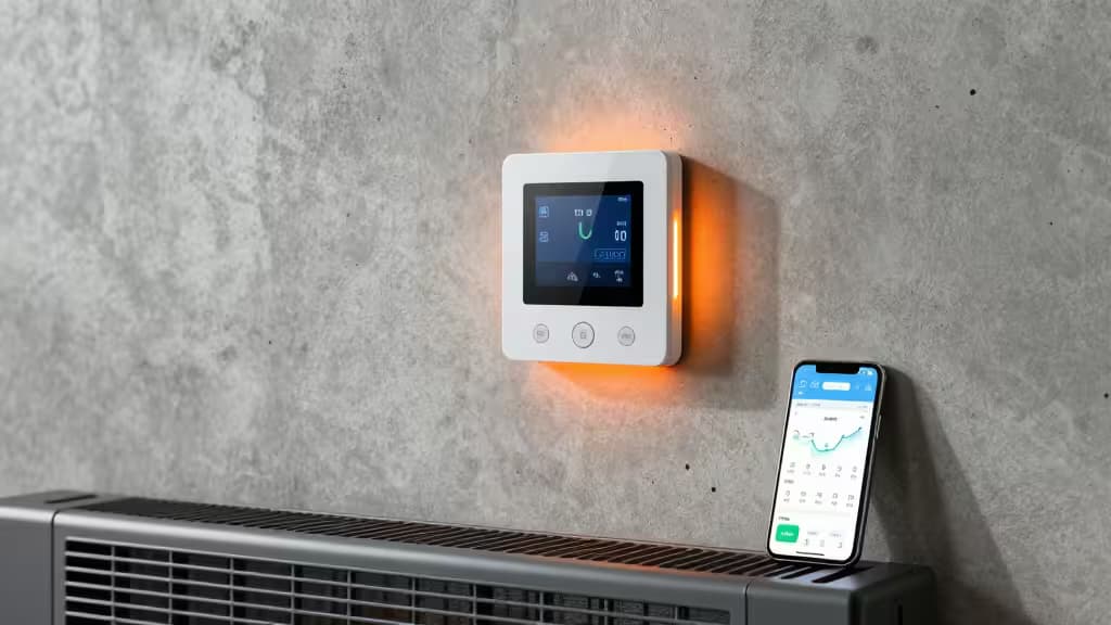 Slimme thermostaat gemonteerd op een betonnen garagemuur met een smartphone die een verwarmingsapp toont en een warme gloed van een elektrische verwarming