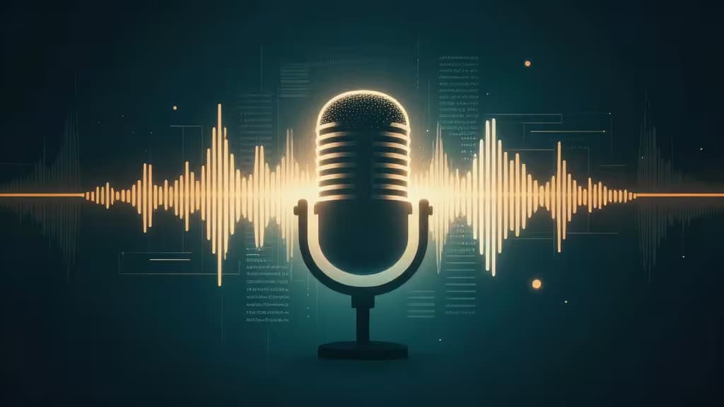 A glowing microphone radiates sound waves against a digital backdrop, symbolizing AI-powered podcasting tools.