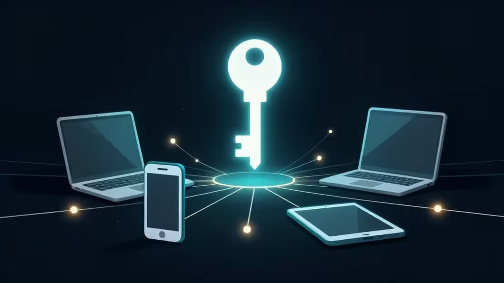 A glowing cyan vault key hovers above a circular hub, connected by light beams to two laptops, a smartphone, and a tablet on a dark surface.