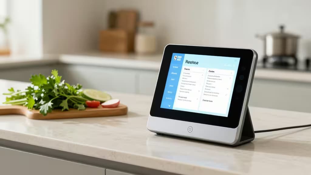 A sleek smart display shows a recipe on its screen, placed on a modern kitchen counter.