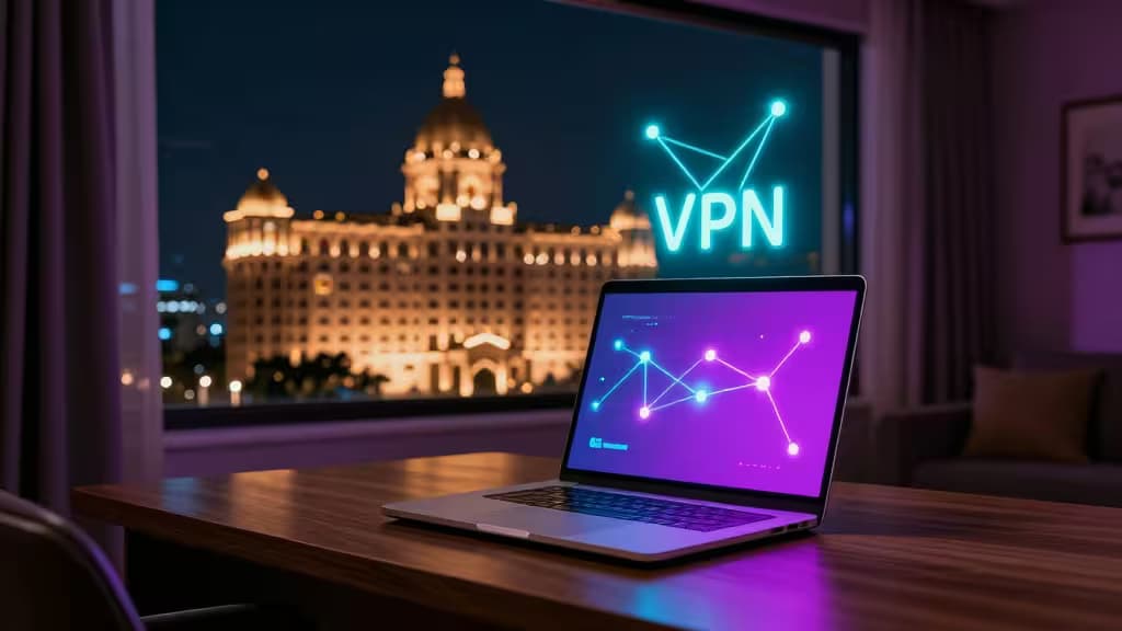 Laptop displays glowing VPN network on purple screen, overlooking illuminated Indian palace at night.