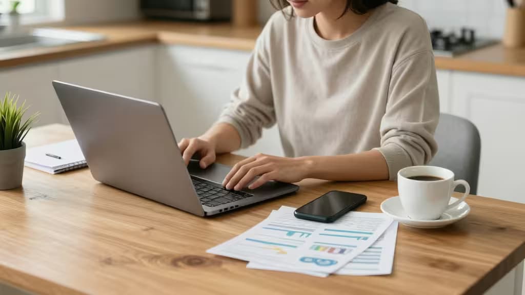 A single parent types on a laptop beside coffee and budget sheets, surrounded by warm kitchen light.