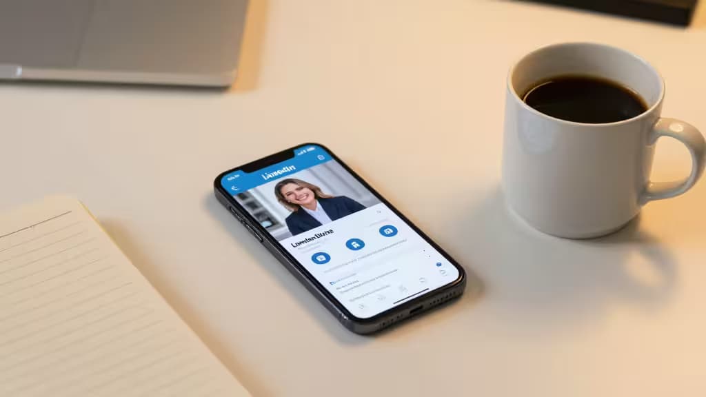 Smartphone displays LinkedIn profile beside coffee mug and notebook on desk.