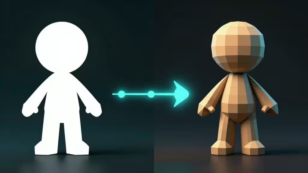A glowing cyan arrow transforms a flat white 2D character silhouette into a textured low-poly 3D model.