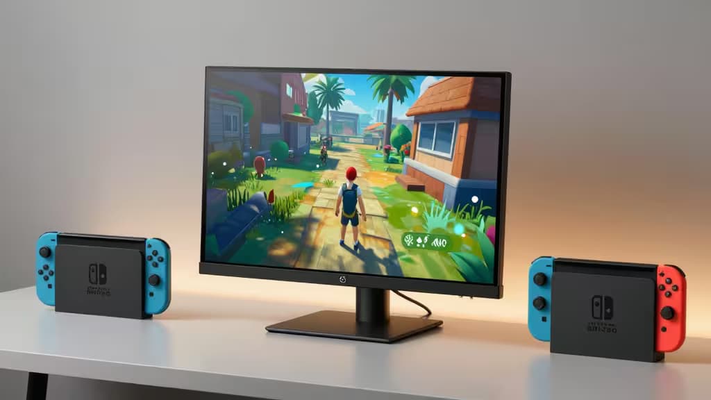 A portable monitor displaying a vibrant game scene sits on a minimalist desk next to a Nintendo Switch console.