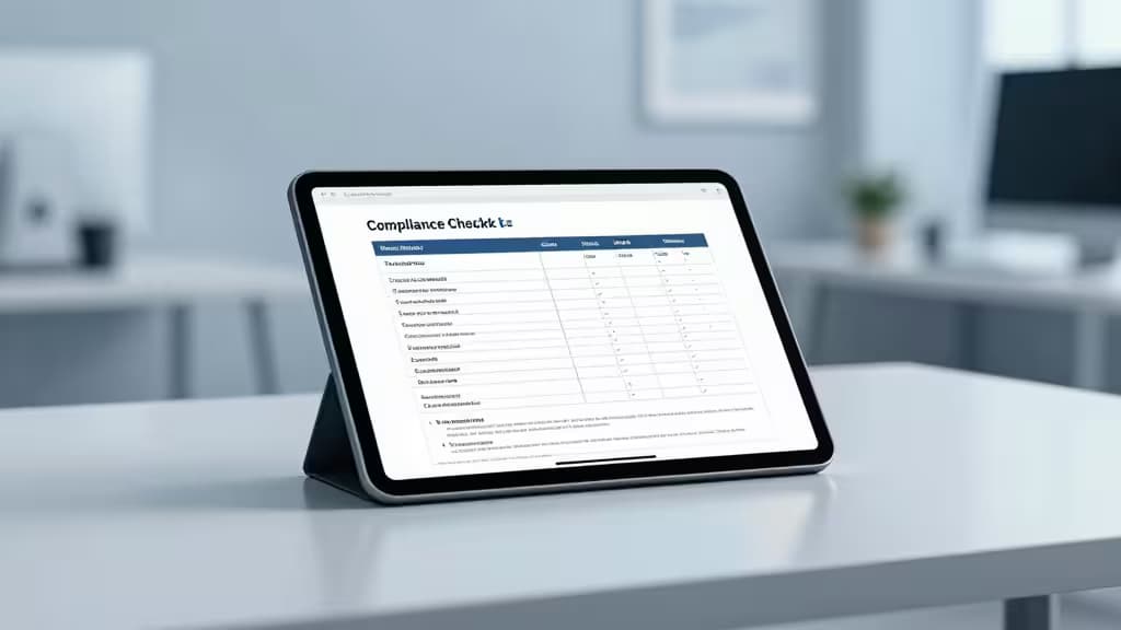 Tablet displays compliance checklist interface on modern office desk, highlighting AI-driven regulatory documentation tools.