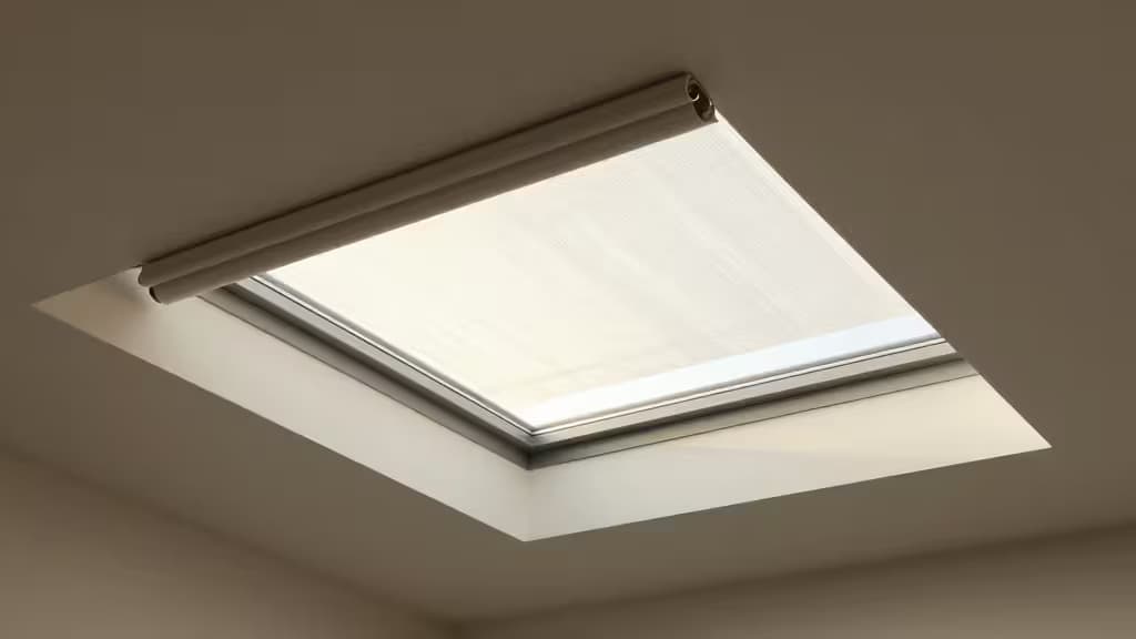 Motorized cellular shades elegantly cover a skylight on an angled ceiling, enhancing natural light control.