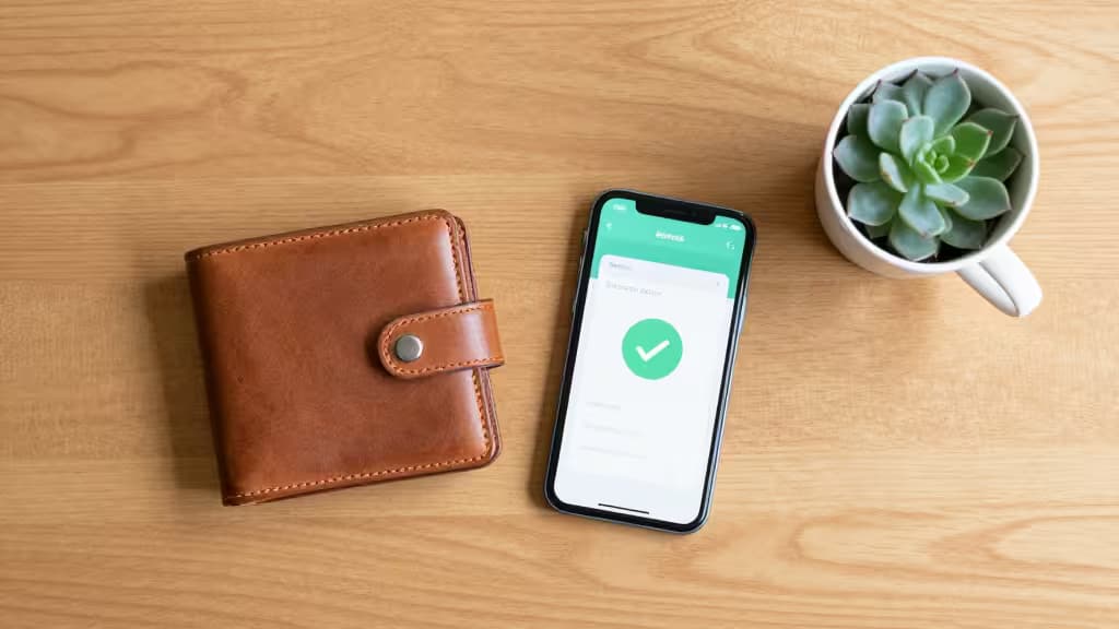 Brown leather wallet, smartphone with green checkmark, and succulent in white mug on light wood desk.