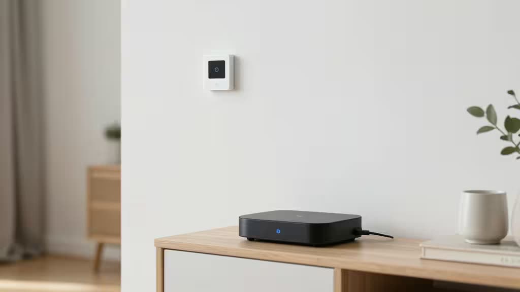 Black smart hub on wood table, white wall sensor above, minimalist apartment setting.