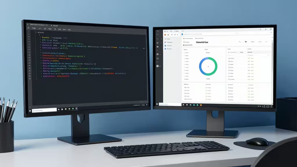 Dual monitors display code and database dashboard on a minimalist desk with keyboard and mouse.