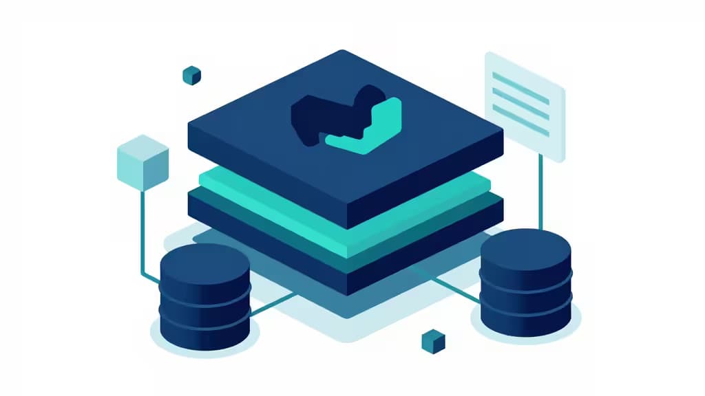 Abstrakte Illustration von typsicherer API-Entwicklung mit TypeScript: geometrische Code-Blöcke und Datenbank-Elemente in Blau- und Türkistönen