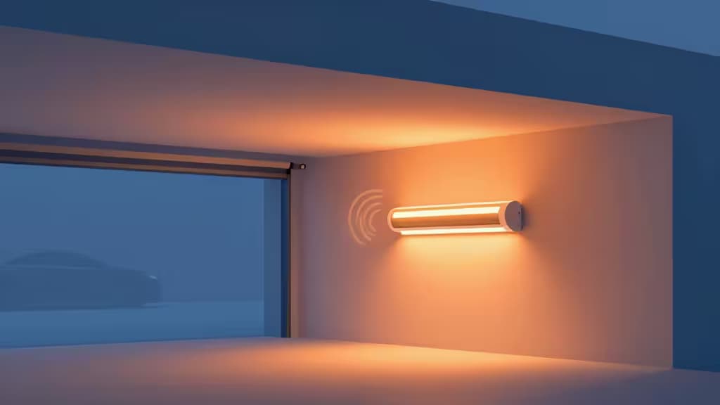 Una stufa smart da garage dal design elegante emette luce calda e segnali Wi-Fi, montata a parete accanto a una porta del garage.