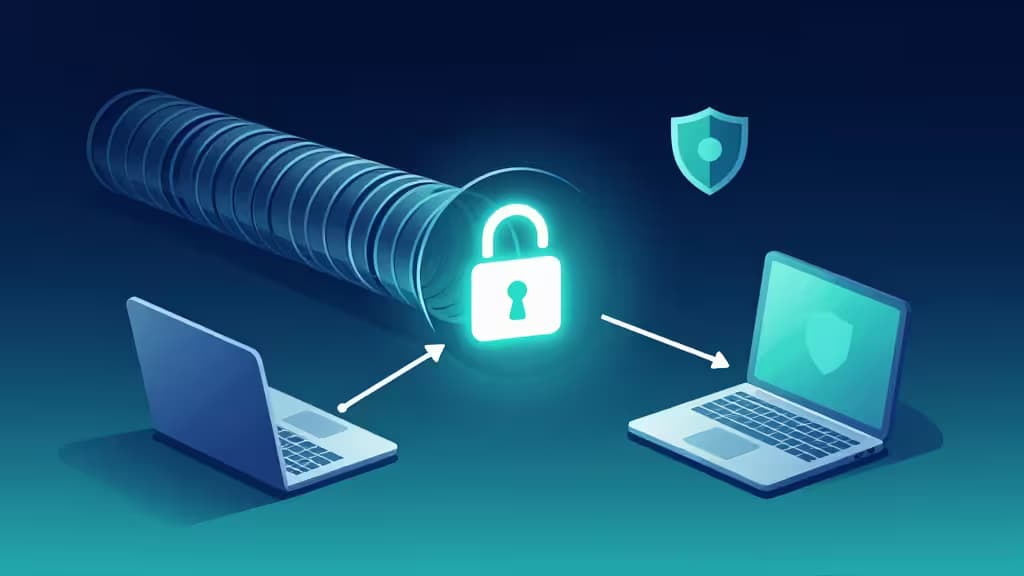 Two laptops connect via a glowing, encrypted tunnel with a padlock and shield, symbolizing secure self-hosted VPNs for campus networks.