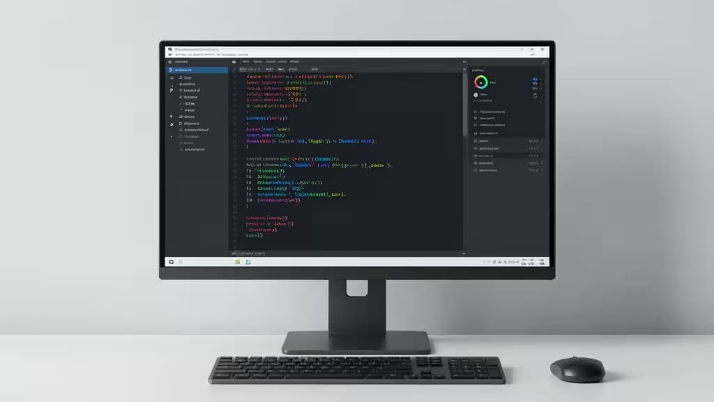 A sleek monitor displays Go code in a minimalist workspace with keyboard and mouse.