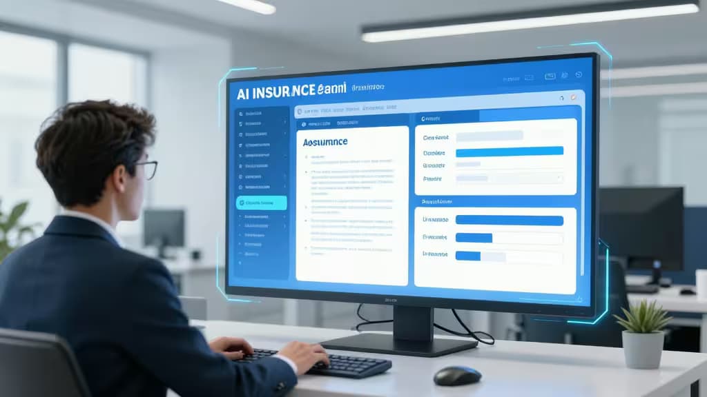 Ein Geschäftsmann im Anzug nutzt ein KI-gestütztes Interface zur Schadensbearbeitung auf einem modernen Büromonitor.