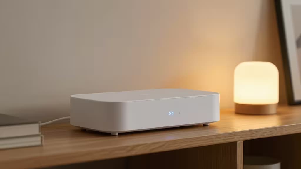 A modern smart home hub on a minimalist wooden shelf with warm ambient lighting and connected smart devices glowing softly in the background.