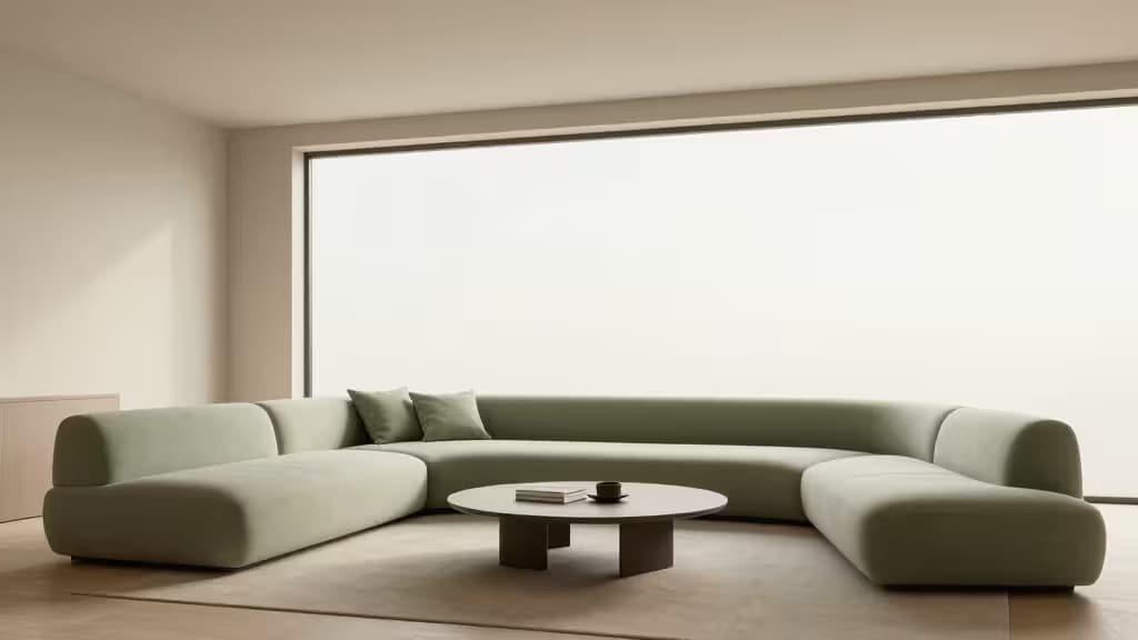 A minimalist sage-green sectional sofa anchors a sunlit, photorealistic living room with a round coffee table and expansive window.