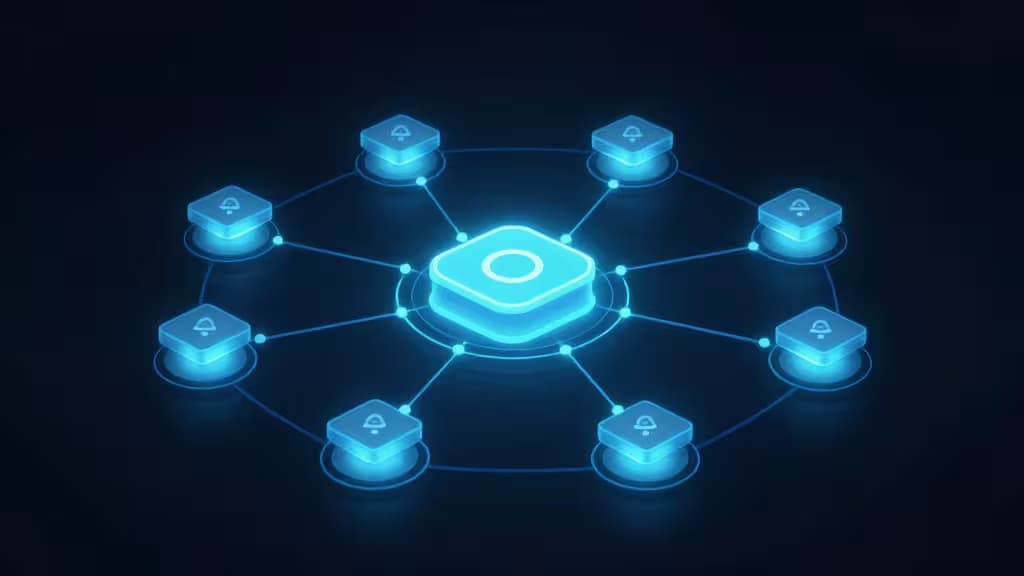 Glowing blue server nodes connect to a central database icon, symbolizing managed PostgreSQL infrastructure for affordable serverless apps.