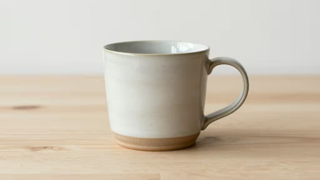 Een handgemaakte keramische beker met een crème glazuur en ongeglazuurde basis staat gecentreerd op een licht houten oppervlak, als voorbeeld van ambachtelijke productfotografie voor Etsy-sellers.