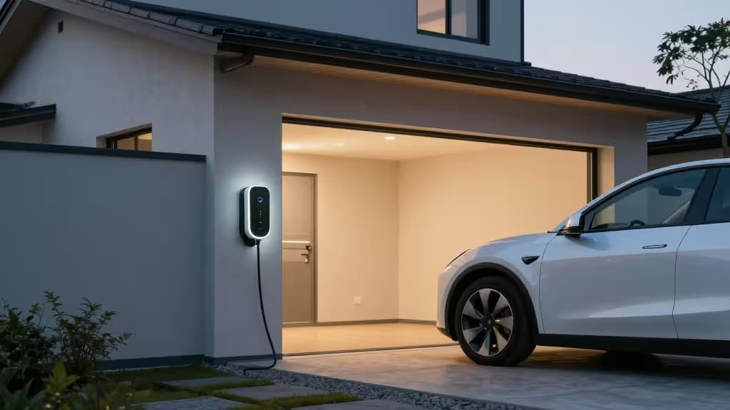 Sleek white EV charges at modern Japanese home via wall-mounted smart charger.