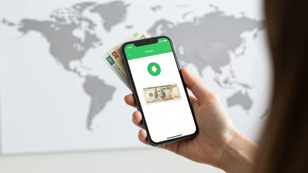 Hand holds smartphone displaying money transfer app with dollar bills, world map background.