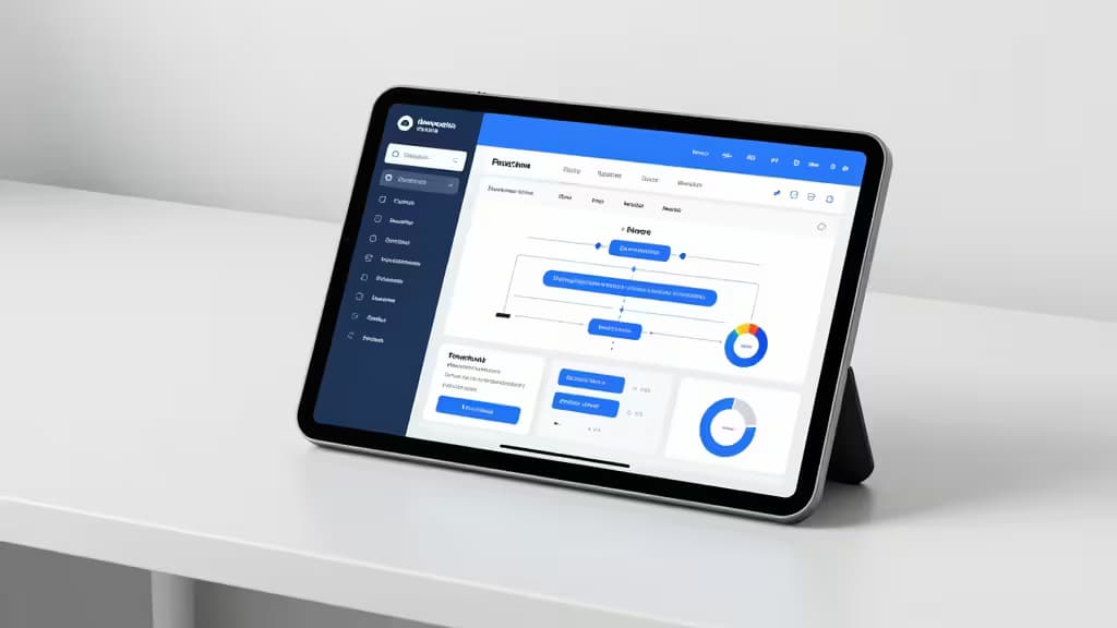 A tablet displaying a project management dashboard with flowcharts and analytics on a white desk.