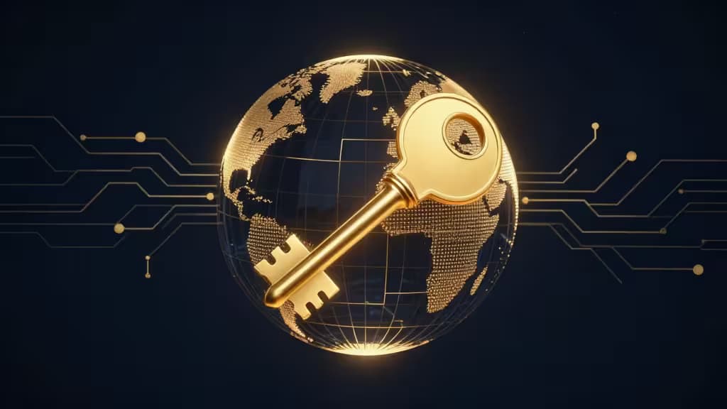 Golden key overlays glowing digital globe, flanked by circuit lines, symbolizing secure global access.
