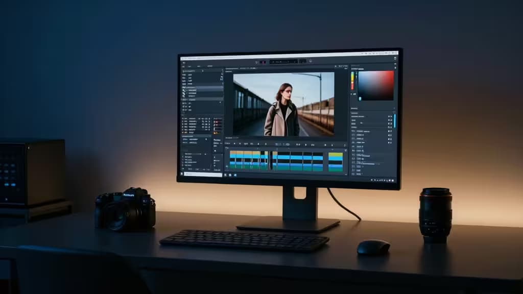 Un écran élégant affiche un logiciel d'édition photo IA, encadré par un appareil photo, un objectif et un clavier sur un bureau faiblement éclairé.