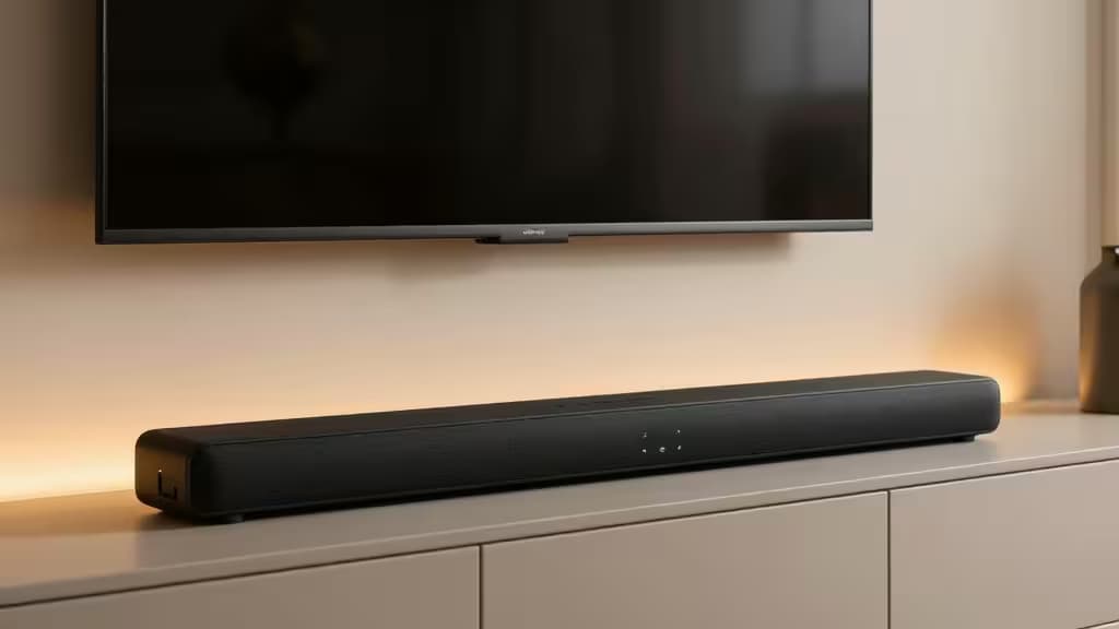 Een moderne soundbar op een mediamobiel onder een wandgemonteerde tv in een minimalistische woonkamer met warme sfeerverlichting