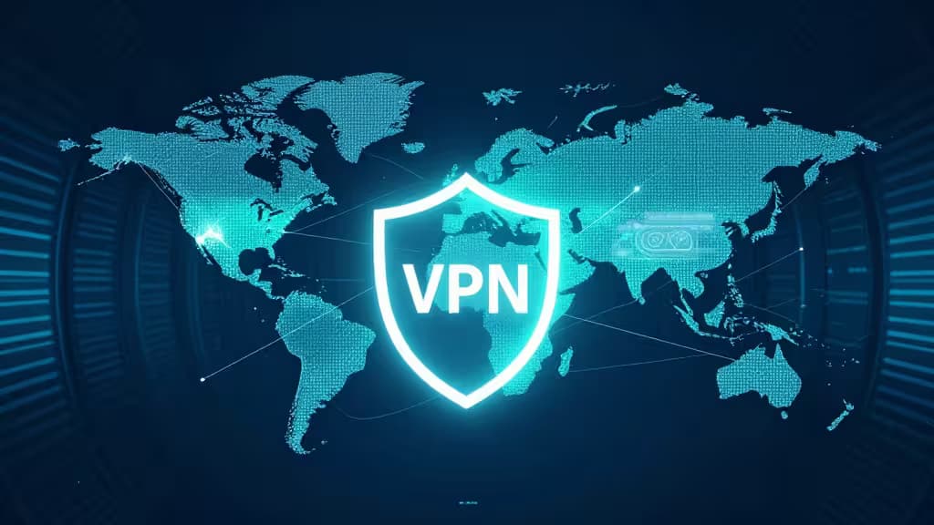 暗号化されたVPNトンネルが年齢認証の壁を迂回する概念図。世界地図上の接続ノードと盾のアイコンを青とティールの配色で描いた抽象イラスト。