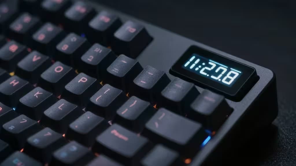A mechanical keyboard with a small glowing OLED display panel in the corner showing system stats, with subtle RGB backlighting on the keys in dark moody lighting.