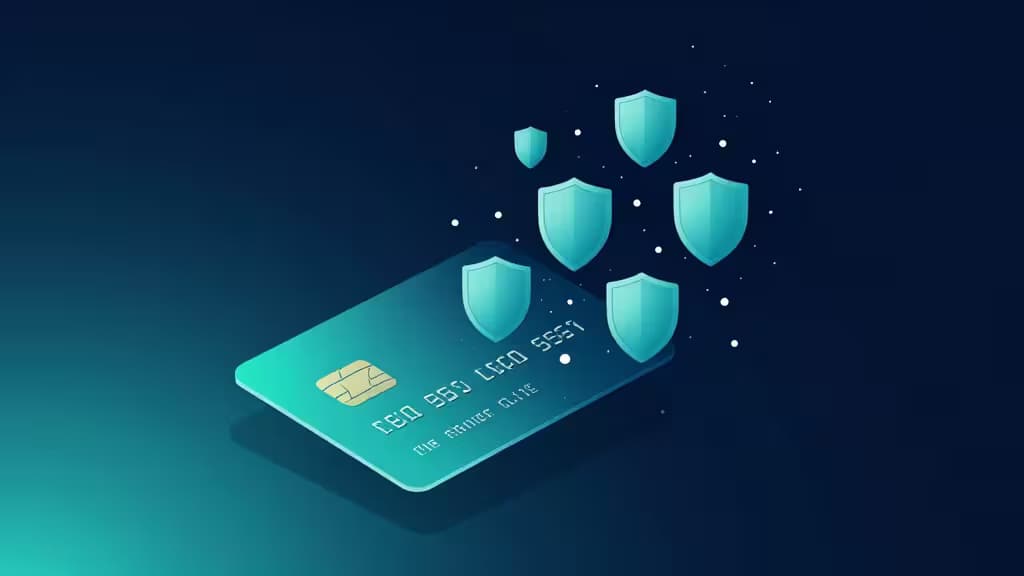 Una tarjeta de crédito turquesa se disuelve en iconos de escudo flotantes sobre un fondo azul oscuro, simbolizando transacciones online seguras.