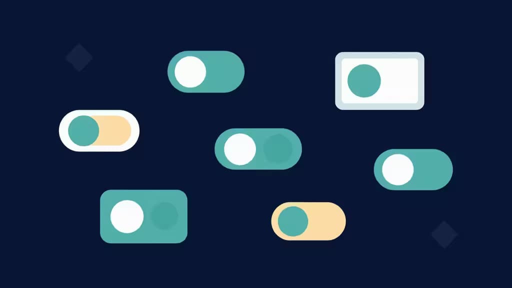 Abstract teal and yellow toggle switches float across a navy background, symbolizing feature flag controls for small teams.
