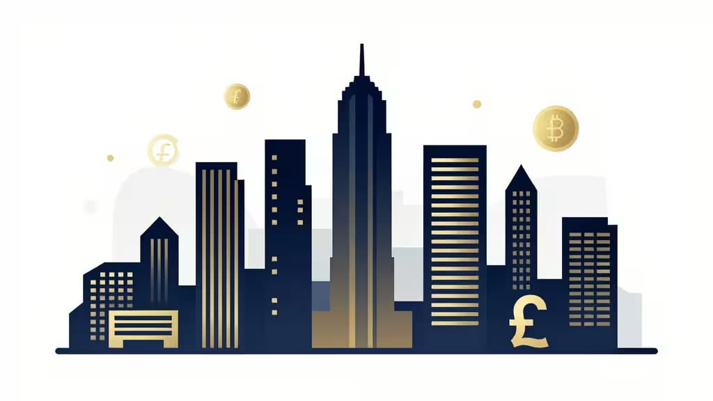 Abstract illustration of a financial skyline with cryptocurrency and British pound motifs in navy and gold tones